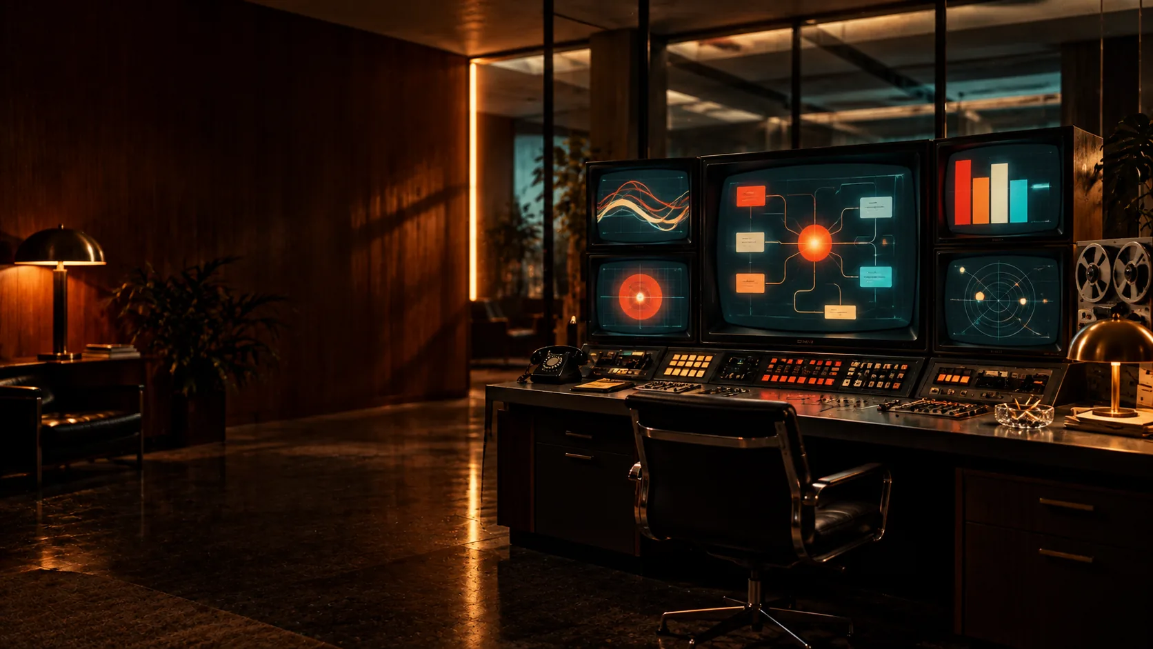Sala de operações retrofuturista com uma central integrada