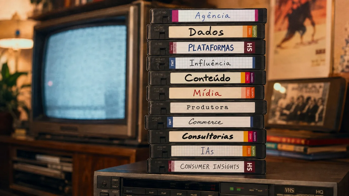 Fitas VHS representando uma pilha de ferramentas de marketing